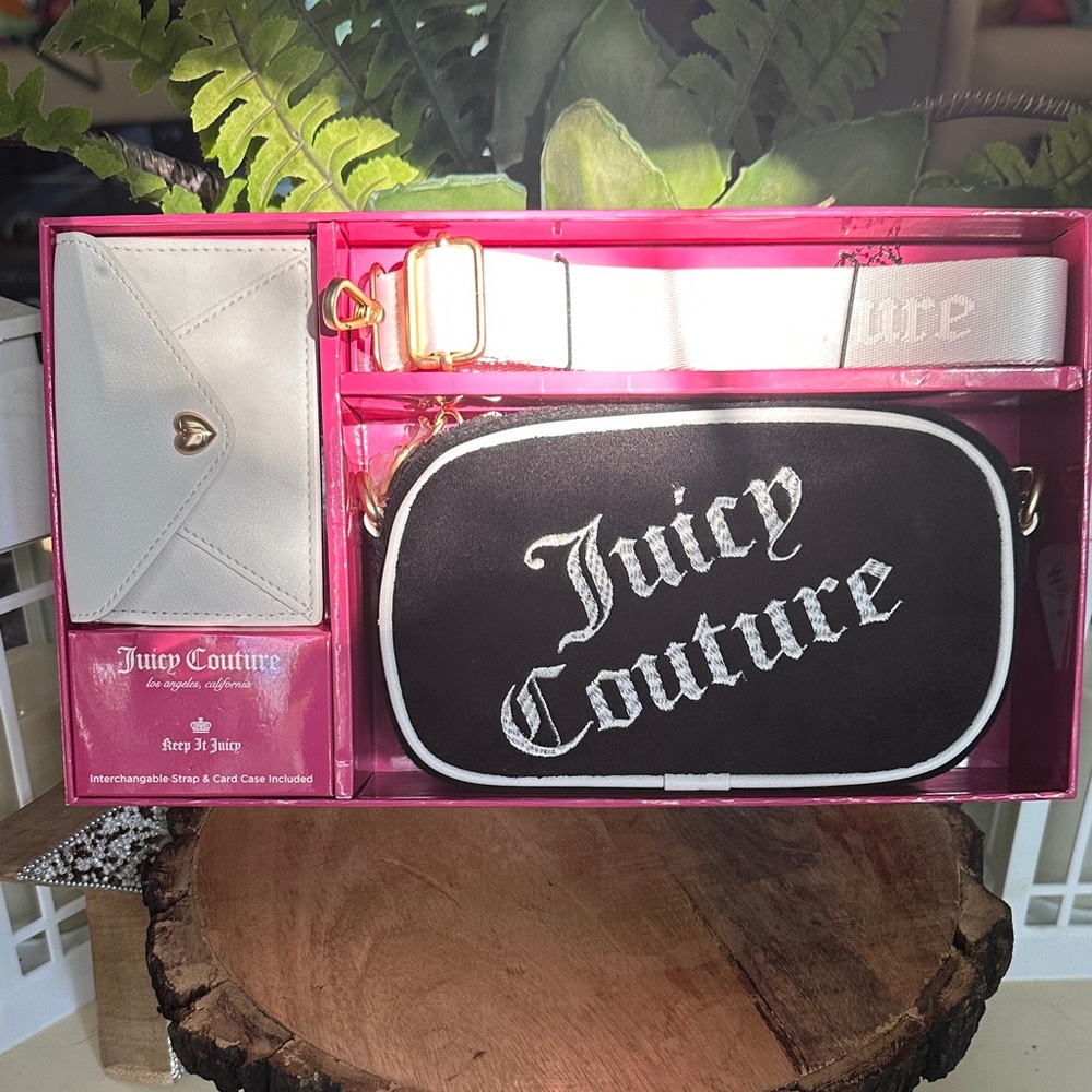 NWT🖤Juicy Couture Crossbody Bag Black and White Card Case Extra Strap 3PC Set